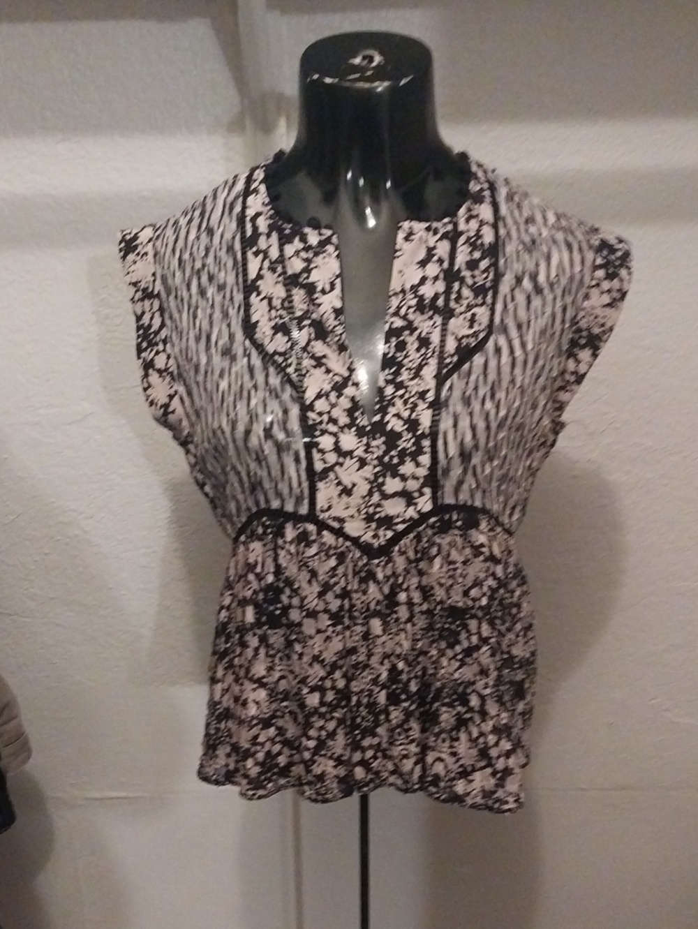 Rebecca Taylor Black and Cream Mixed-Print Cap-Sleeve Blouse